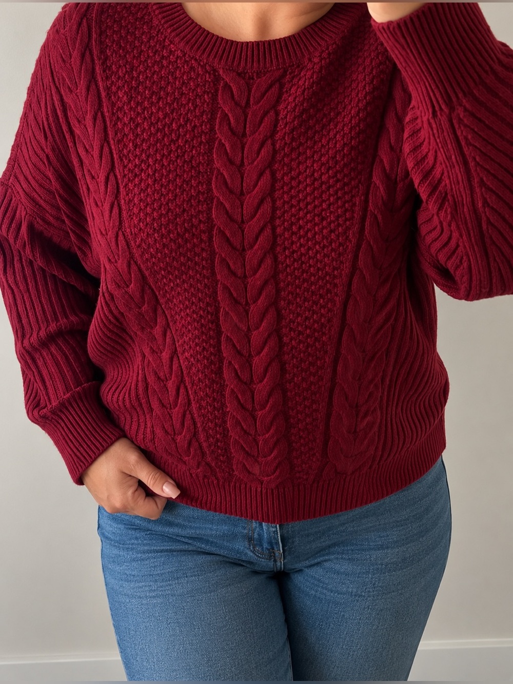 🔥BRAND NEW Tommy Hilfiger Women's Cable Crew Sweater in Deep Wine